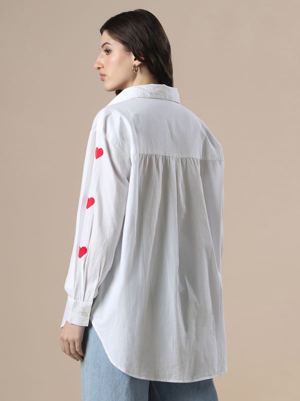 Globus Women White Collared Neck Embroidered Detail Cuffed Sleeves High-Low Hem Oversized Party Shirt
