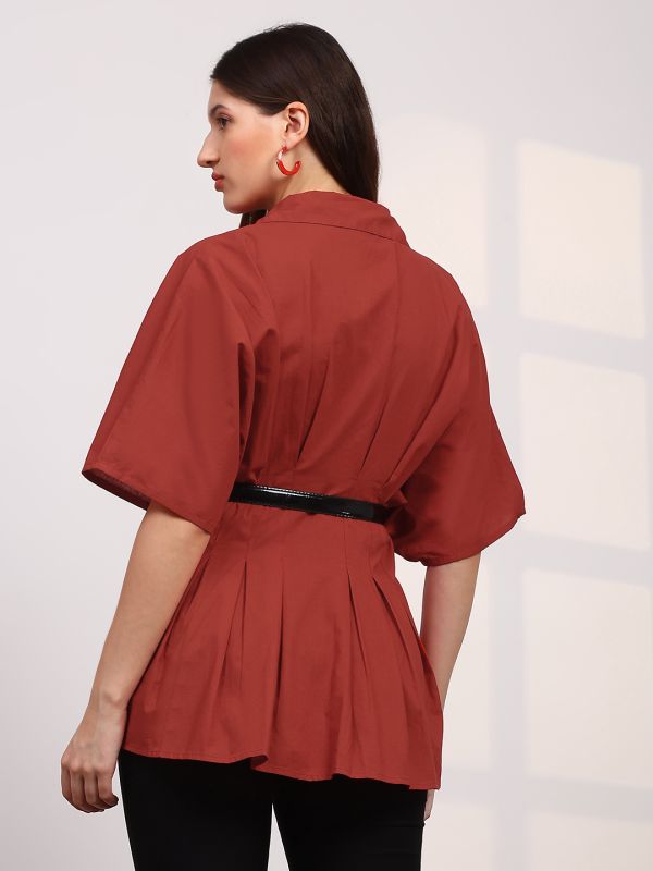 Globus Women Red Spread Collar Extended Sleeves Flared Hem Pleated Shirt