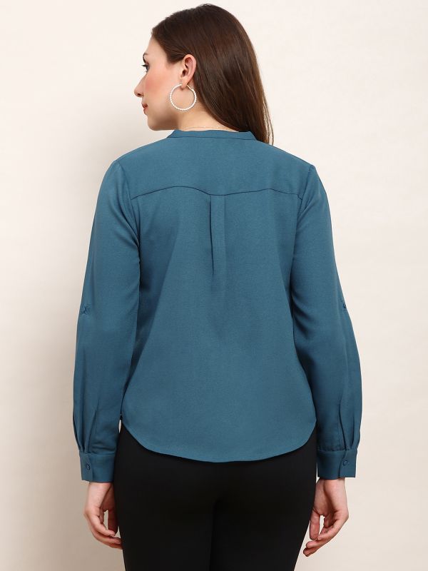 Globus Women Teal Mandarin Collar Cuffed Sleeves Solid Curved Hem Pleated Workwear Shirt