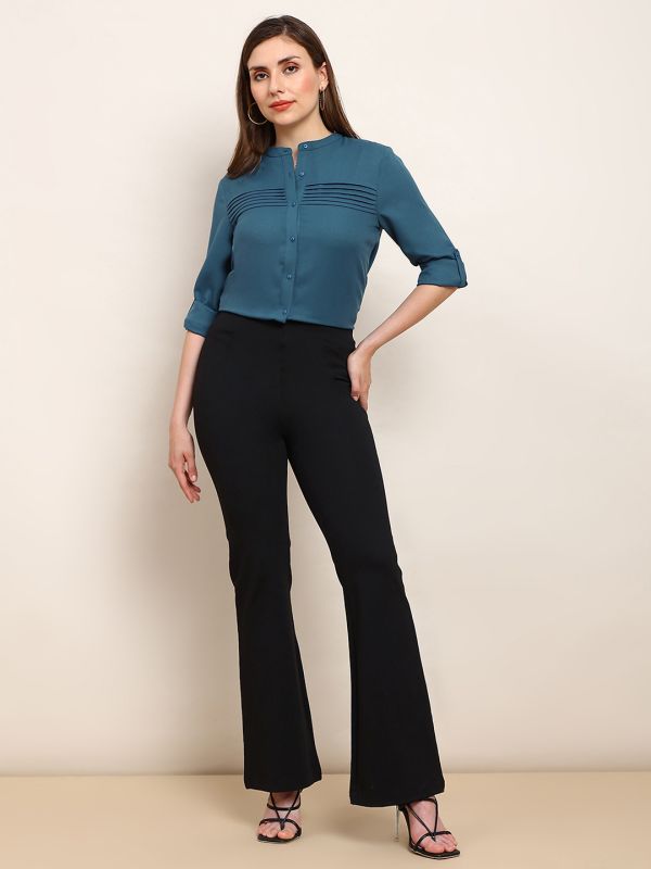 Globus Women Teal Mandarin Collar Cuffed Sleeves Solid Curved Hem Pleated Workwear Shirt
