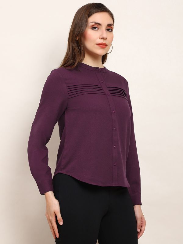 Globus Women Burgundy Mandarin Collar Cuffed Sleeves Solid Curved Hem Pleated Workwear Shirt