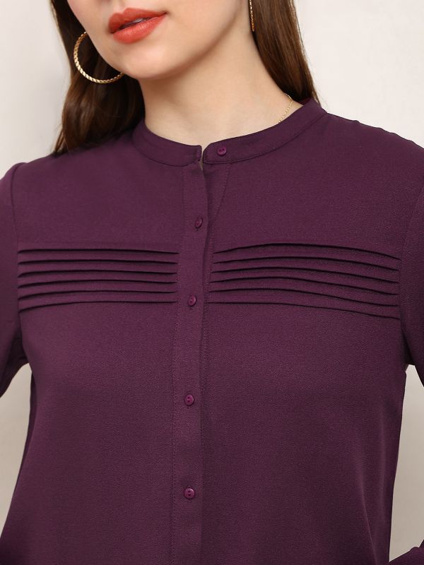 Globus Women Burgundy Mandarin Collar Cuffed Sleeves Solid Curved Hem Pleated Workwear Shirt