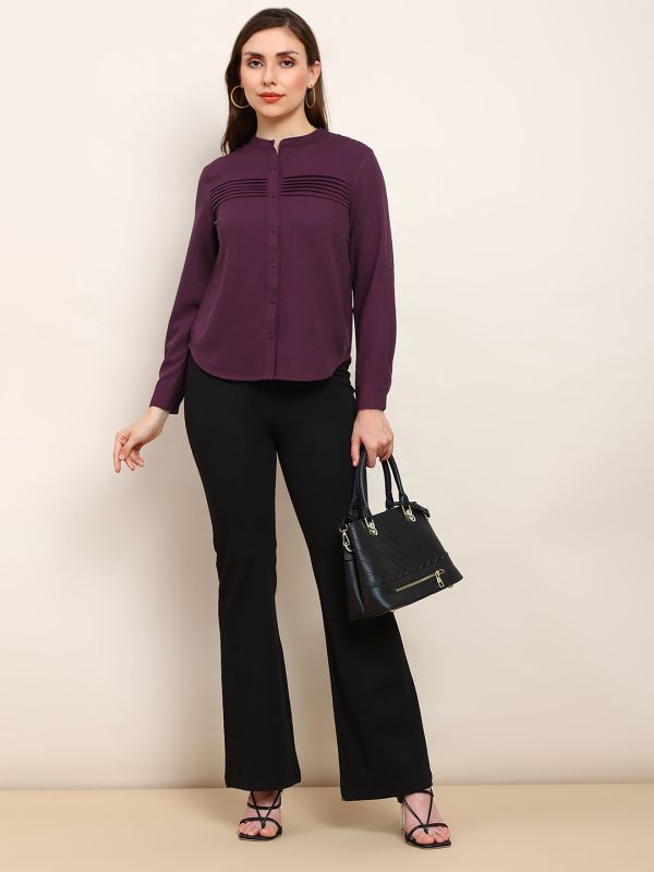 Globus Women Burgundy Mandarin Collar Cuffed Sleeves Solid Curved Hem Pleated Workwear Shirt