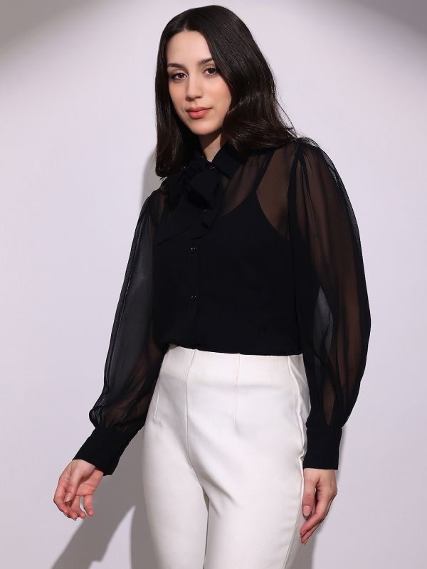 Globus Women Black Bow Detail Collared Neck Cuffed Sleeves Curved Hem Georgette Sheer Party Shirt