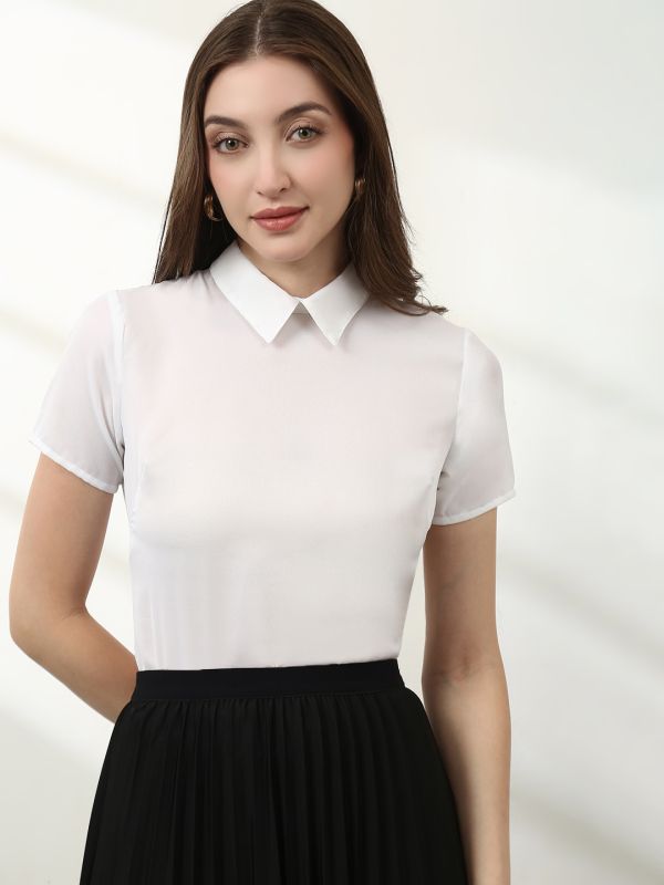Globus Women White Collared Neck Short Sleeves Workwear Top