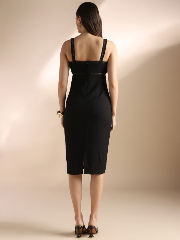 Globus Women Jet Black Self Design Strappy Sleeves Lace Inserts Back Slit Bodycon Midi Party Dress
