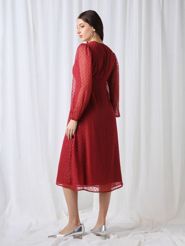 Globus Women Maroon V-Neck Bishop Sleeves Lurex Detail Georgette Fit & Flare Midi Party Dress
