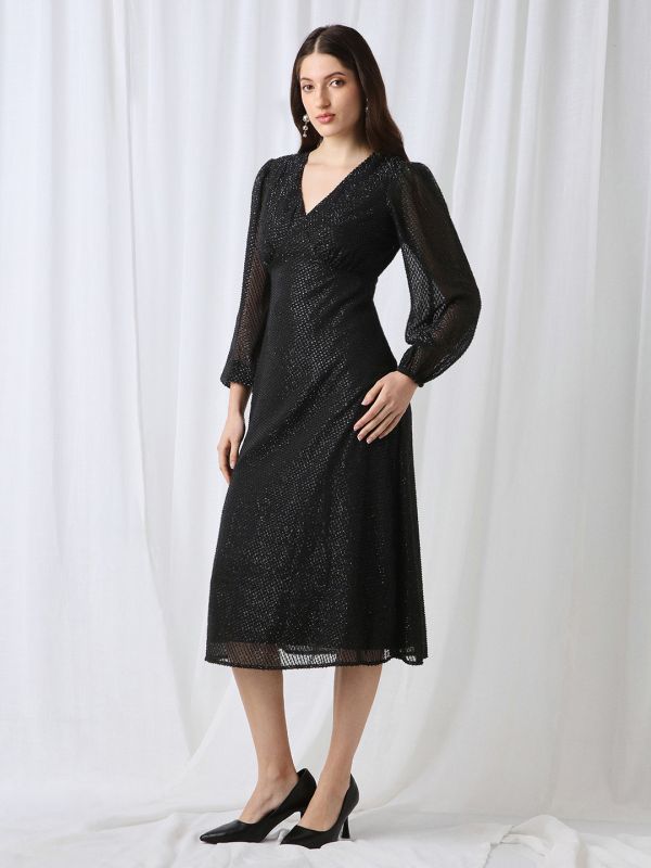 Globus Women Black V-Neck Bishop Sleeves Lurex Detail Georgette Fit & Flare Midi Party Dress