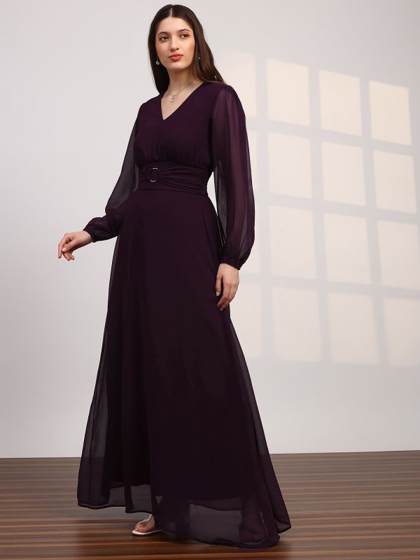 Globus Women Burgundy V-Neck Bishop Sleeves Smocked Georgette Fit & Flare Maxi Party Dress