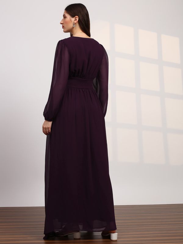 Globus Women Burgundy V-Neck Bishop Sleeves Smocked Georgette Fit & Flare Maxi Party Dress