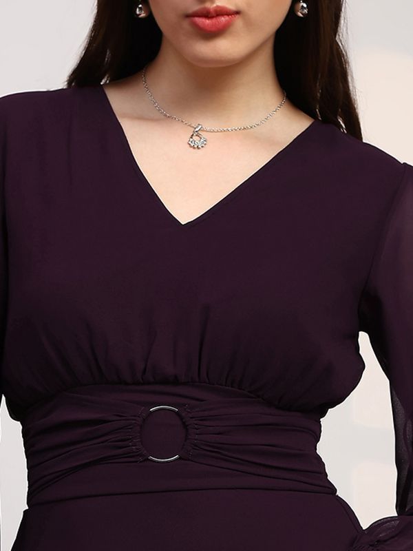 Globus Women Burgundy V-Neck Bishop Sleeves Smocked Georgette Fit & Flare Maxi Party Dress