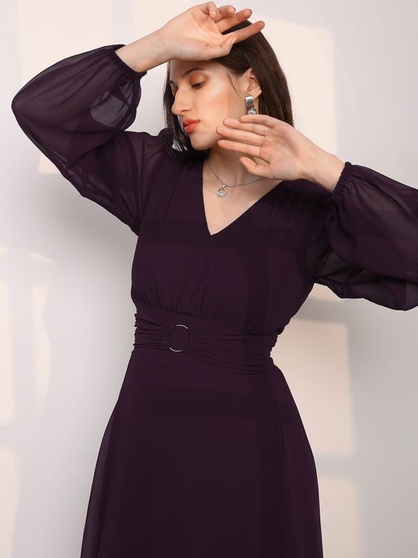 Globus Women Burgundy V-Neck Bishop Sleeves Smocked Georgette Fit & Flare Maxi Party Dress