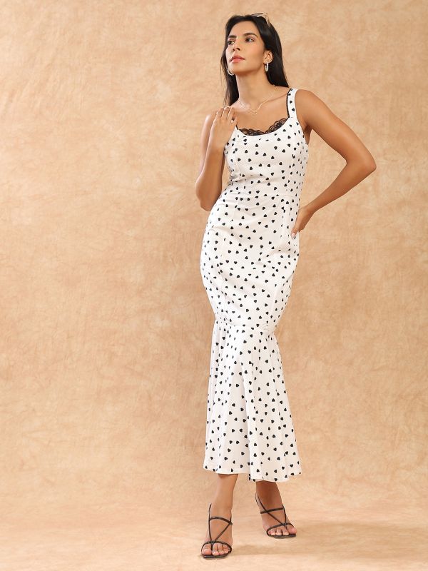 Globus Women White Heart Print Shoulder Strap Round Neck with Lace Detail Flared Hem Midi Bodycon Party Dress