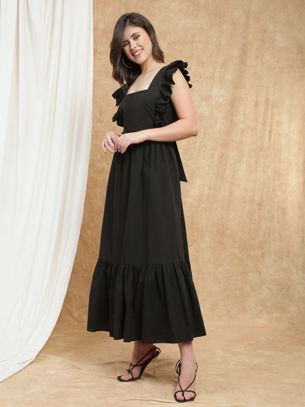 Globus Women Black Square Neck Flutter Sleeves Bow Cut-Out Detail Back Tiered Fit & Flare Maxi Resort Dress