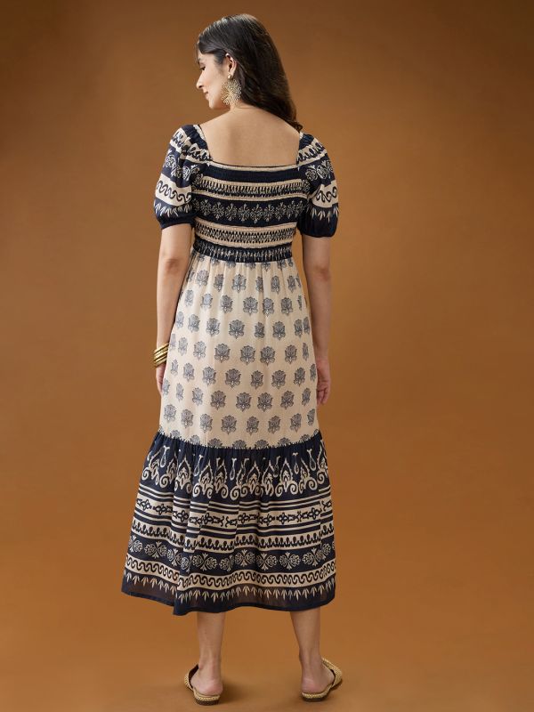 Globus Women Blue Square Neck Puff Sleeves Ethnic Print Smocked Tiered Fit & Flare Midi Dress