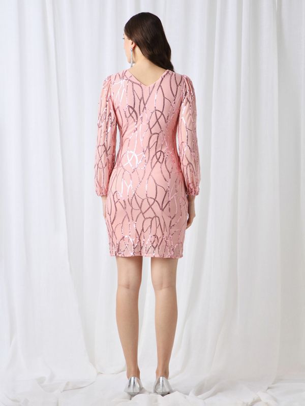 Globus Women Pink V-Neck Bishop Sleeves Embellished Mini Bodycon Party Dress
