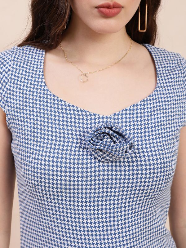 Globus Women Blue Houndstooth Print Sweetheart Neck Cap Sleeves Mini Party Bodycon Dress