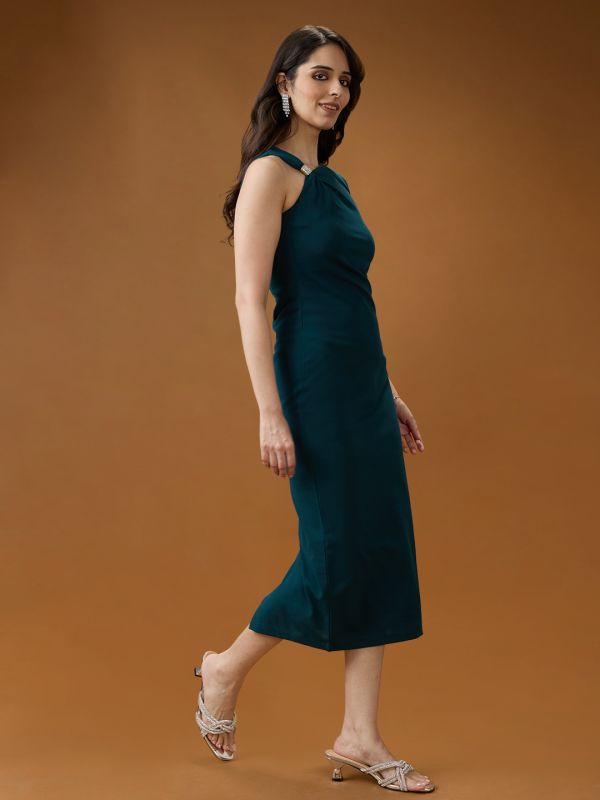 Globus Women Green One Shoulder Twisted Detail Back Slit Midi Bodycon Party Dress