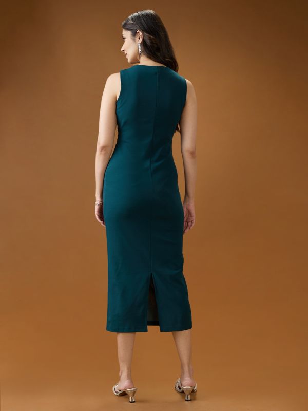 Globus Women Green One Shoulder Twisted Detail Back Slit Midi Bodycon Party Dress
