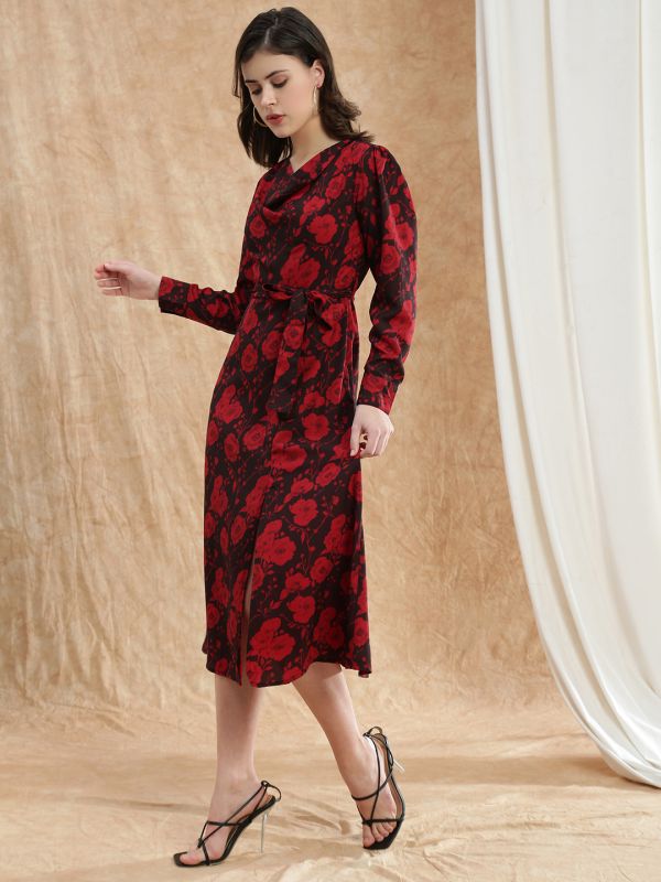Globus Women Red Cowl Neck Cuffed Sleeves Floral Print Front Slit Midi A-Line Dress With Belt