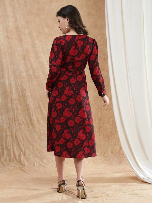 Globus Women Red Cowl Neck Cuffed Sleeves Floral Print Front Slit Midi A-Line Dress With Belt