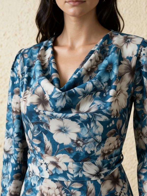 Globus Women Blue Cowl Neck Cuffed Sleeves Floral Print Front Slit Midi A-Line Dress With Belt