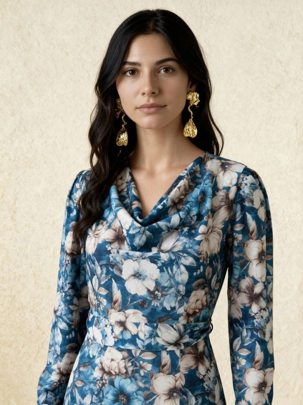 Globus Women Blue Cowl Neck Cuffed Sleeves Floral Print Front Slit Midi A-Line Dress With Belt