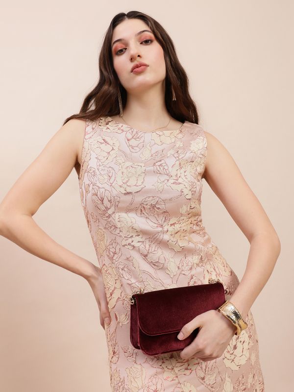 Globus Women Red Floral Self-Design Boat Neck Sleeveless Mini Party Bodycon Dress