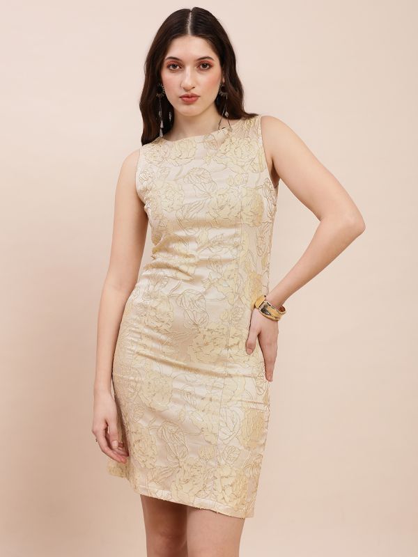 Globus Women Gold Floral Self-Design Boat Neck Sleeveless Mini Party Bodycon Dress