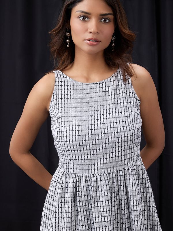 Globus Women Grey Boat Neck Sleeveless Self Design Stylised Back Fit & Flare Mini Party Dress