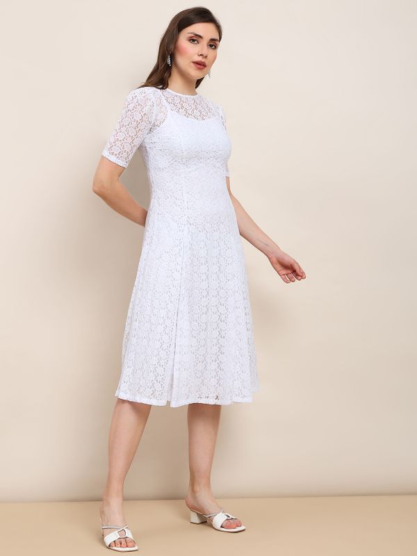 Globus Women White Round Neck Puff Sleeves Flared Hem Panelled Floral Lace A-Line Midi Party Dress