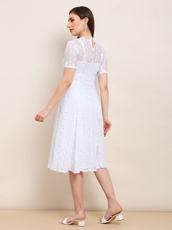 Globus Women White Round Neck Puff Sleeves Flared Hem Panelled Floral Lace A-Line Midi Party Dress