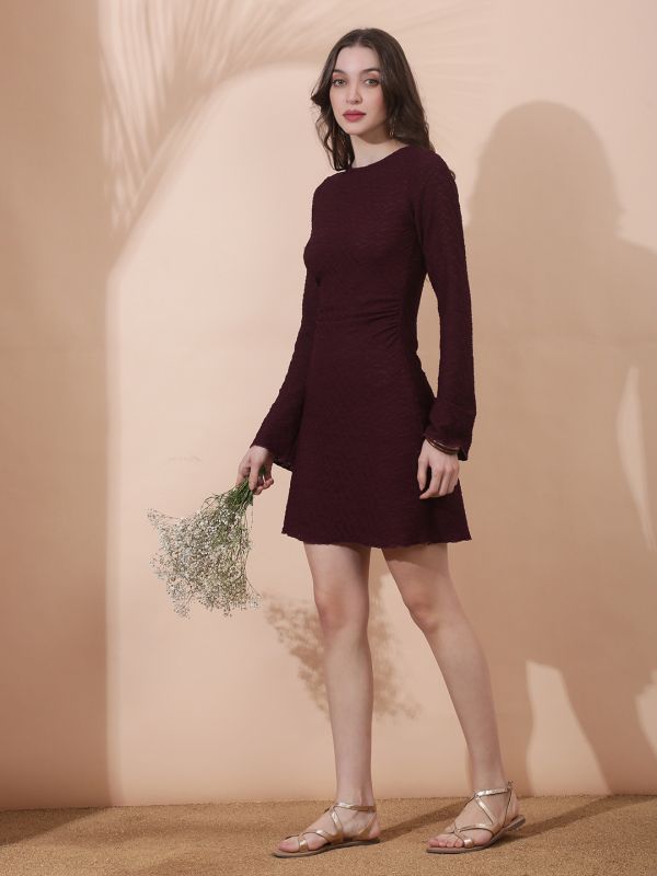 Globus Women Burgundy Round Neck Long Sleeves Stylized Back Self Design Flared Hem Mini Bodycon Party Dress