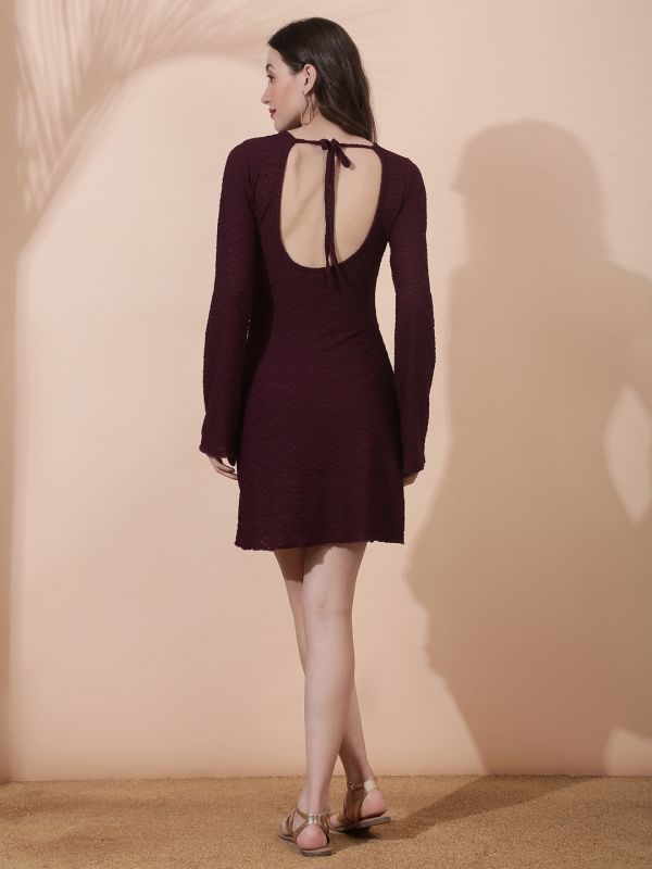 Globus Women Burgundy Round Neck Long Sleeves Stylized Back Self Design Flared Hem Mini Bodycon Party Dress