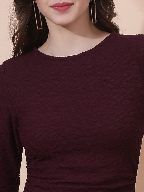 Globus Women Burgundy Round Neck Long Sleeves Stylized Back Self Design Flared Hem Mini Bodycon Party Dress
