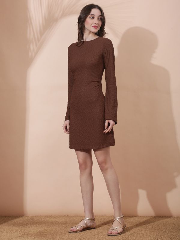 Globus Women Brown Round Neck Long Sleeves Stylized Back Self Design Flared Hem Mini Bodycon Party Dress