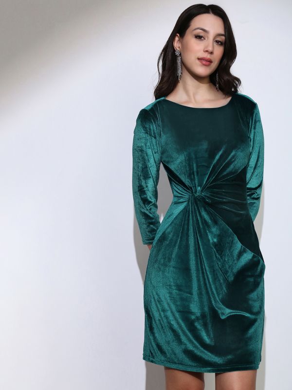 Globus Women Teal Boat Neck Twisted Detail Velvet Sheath Mini Party Dress