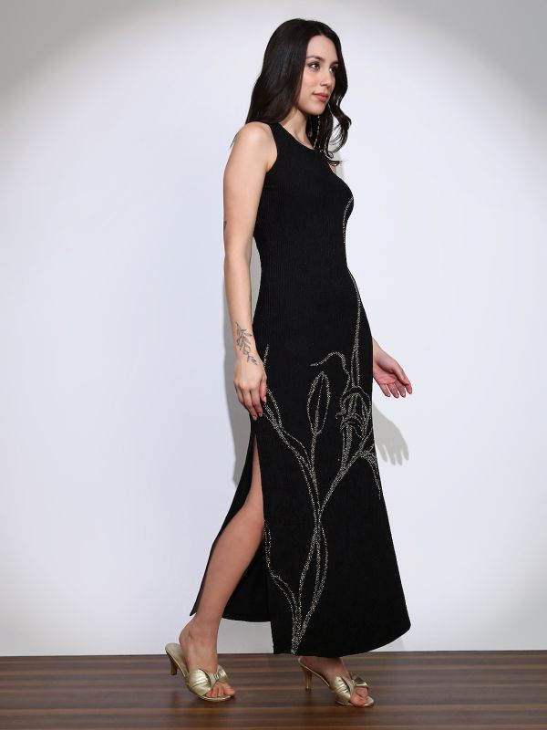 Globus Women Black Self Design Round Neck Embellished Detail Side Slits Bodycon Maxi Party Dress