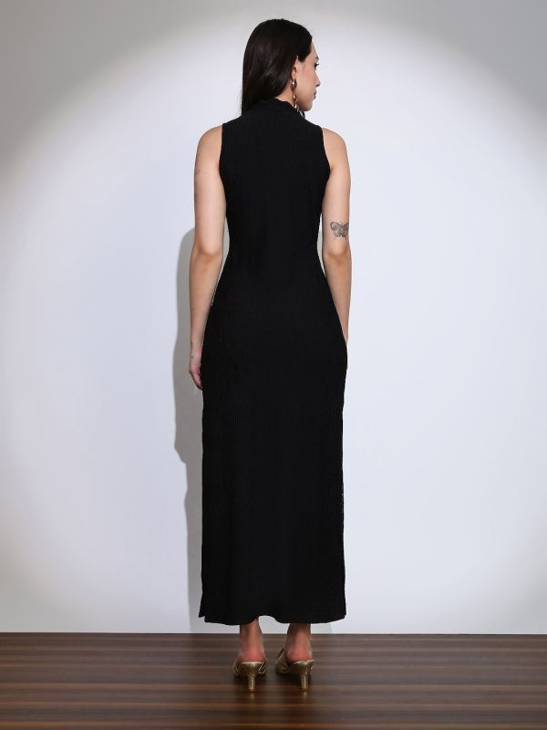 Globus Women Black Self Design Round Neck Embellished Detail Side Slits Bodycon Maxi Party Dress