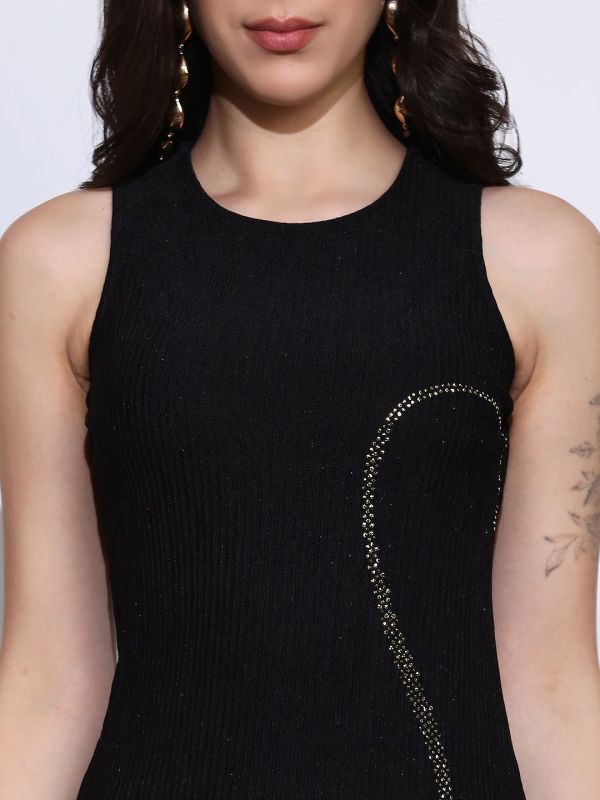 Globus Women Black Self Design Round Neck Embellished Detail Side Slits Bodycon Maxi Party Dress