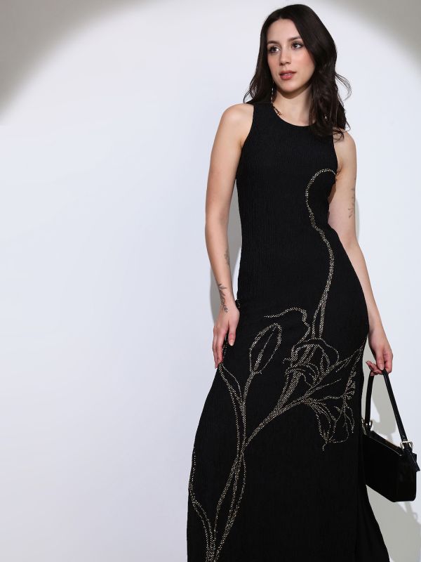 Globus Women Black Self Design Round Neck Embellished Detail Side Slits Bodycon Maxi Party Dress
