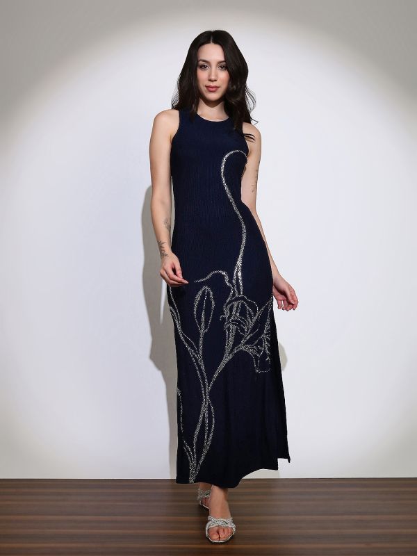 Globus Women Navy Blue Self Design Round Neck Embellished Detail Side Slits Bodycon Maxi Party Dress