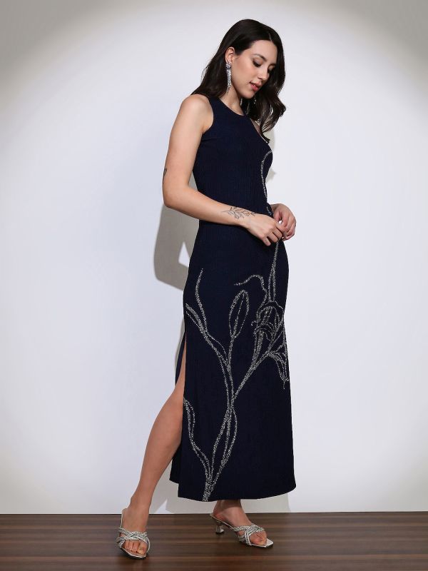 Globus Women Navy Blue Self Design Round Neck Embellished Detail Side Slits Bodycon Maxi Party Dress