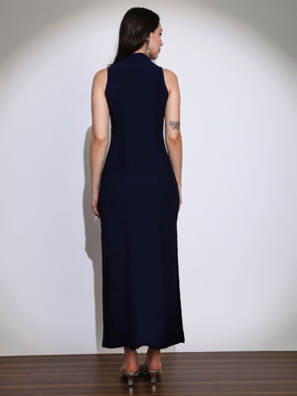 Globus Women Navy Blue Self Design Round Neck Embellished Detail Side Slits Bodycon Maxi Party Dress