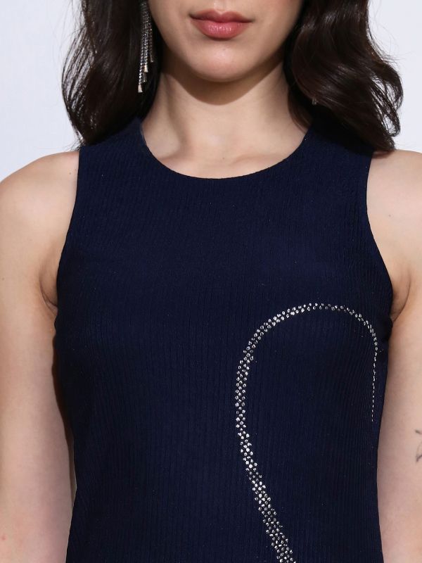 Globus Women Navy Blue Self Design Round Neck Embellished Detail Side Slits Bodycon Maxi Party Dress