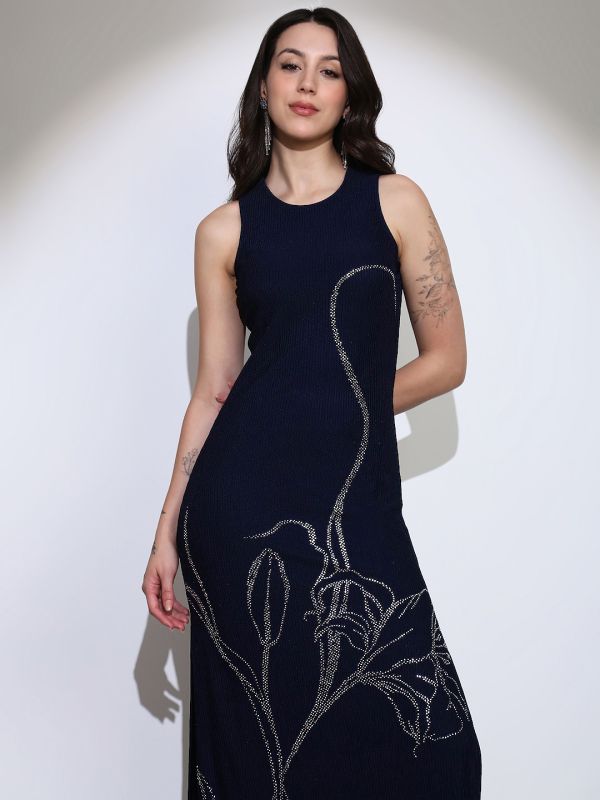 Globus Women Navy Blue Self Design Round Neck Embellished Detail Side Slits Bodycon Maxi Party Dress