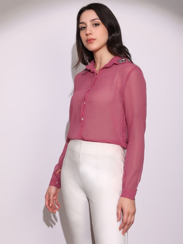 Globus Women Pink Embellished Collar Cuffed Sleeves Curved Hem Georgette Sheer Party Shirt