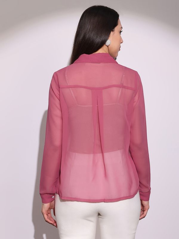 Globus Women Pink Embellished Collar Cuffed Sleeves Curved Hem Georgette Sheer Party Shirt