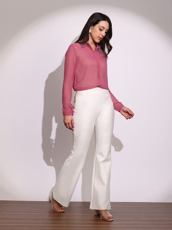 Globus Women Pink Embellished Collar Cuffed Sleeves Curved Hem Georgette Sheer Party Shirt