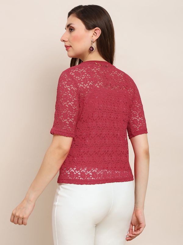 Globus Women Red Round Neck Self Design Floral Lace Party Top 